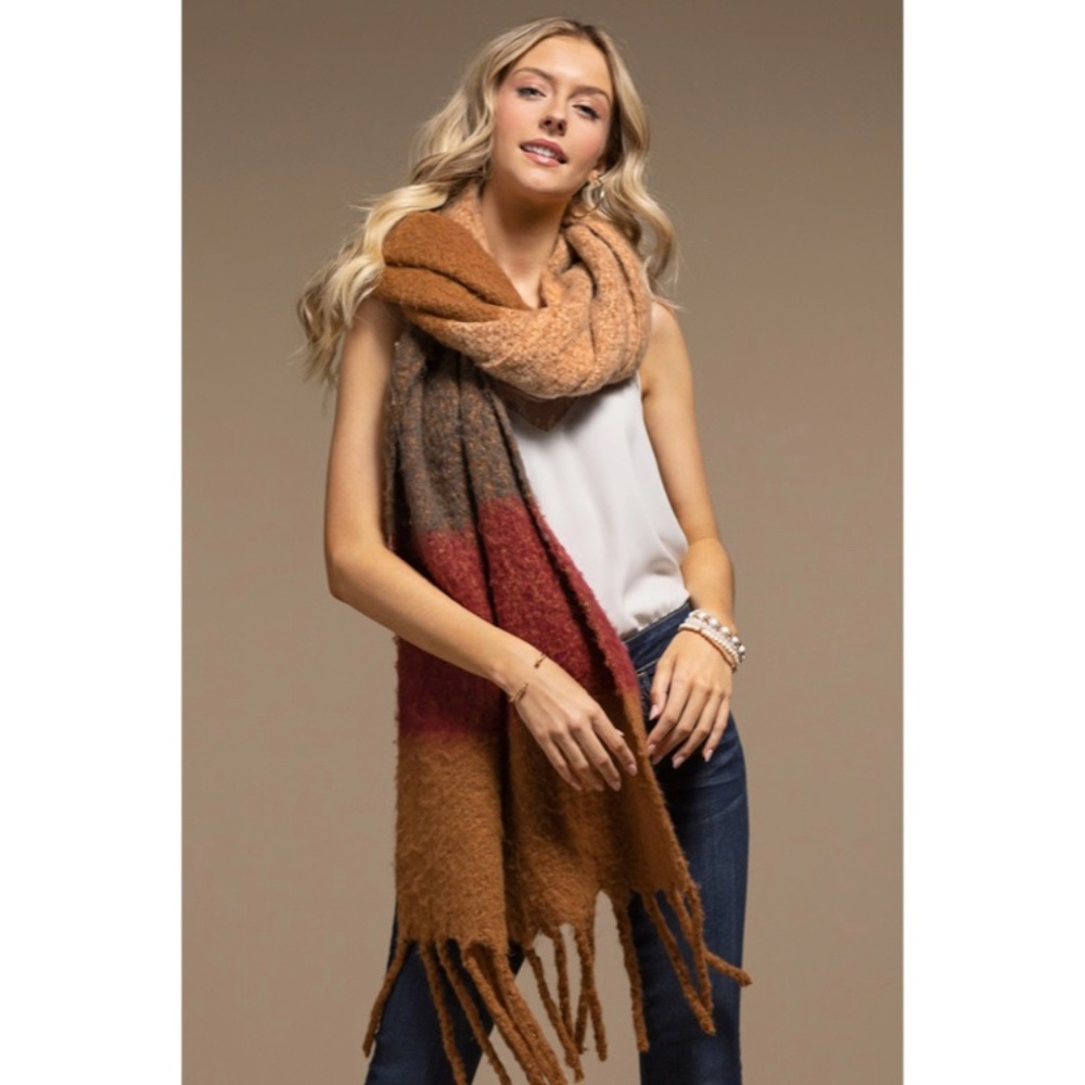 Almond Plush Wide Stripe Oblong Scarf Winter Women's Casual Knit Extra Long - Picture 3 of 4